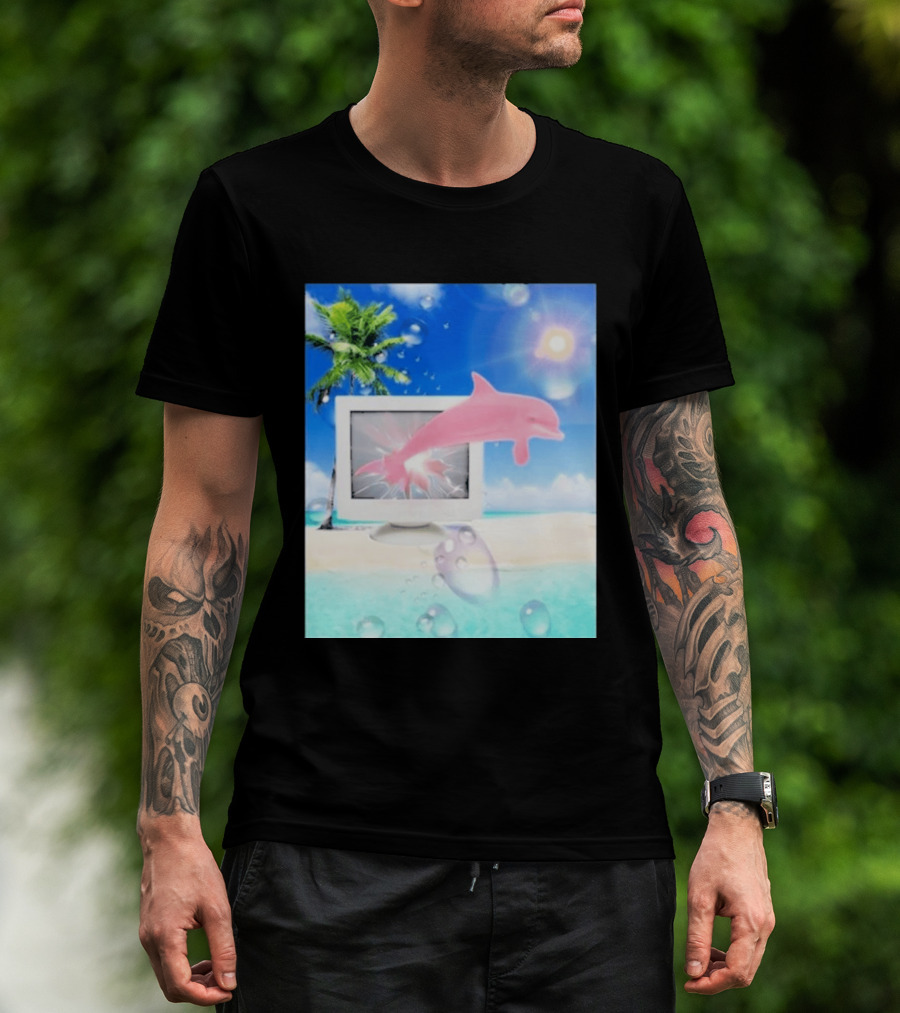 Frutiger Aero Y2k Vaporwave Palm Tree Pink Dolphin Cyberpunk Aesthetic T-Shirt