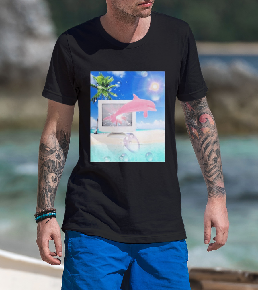 Frutiger Aero Y2k Vaporwave Palm Tree Pink Dolphin Cyberpunk Aesthetic T-Shirt