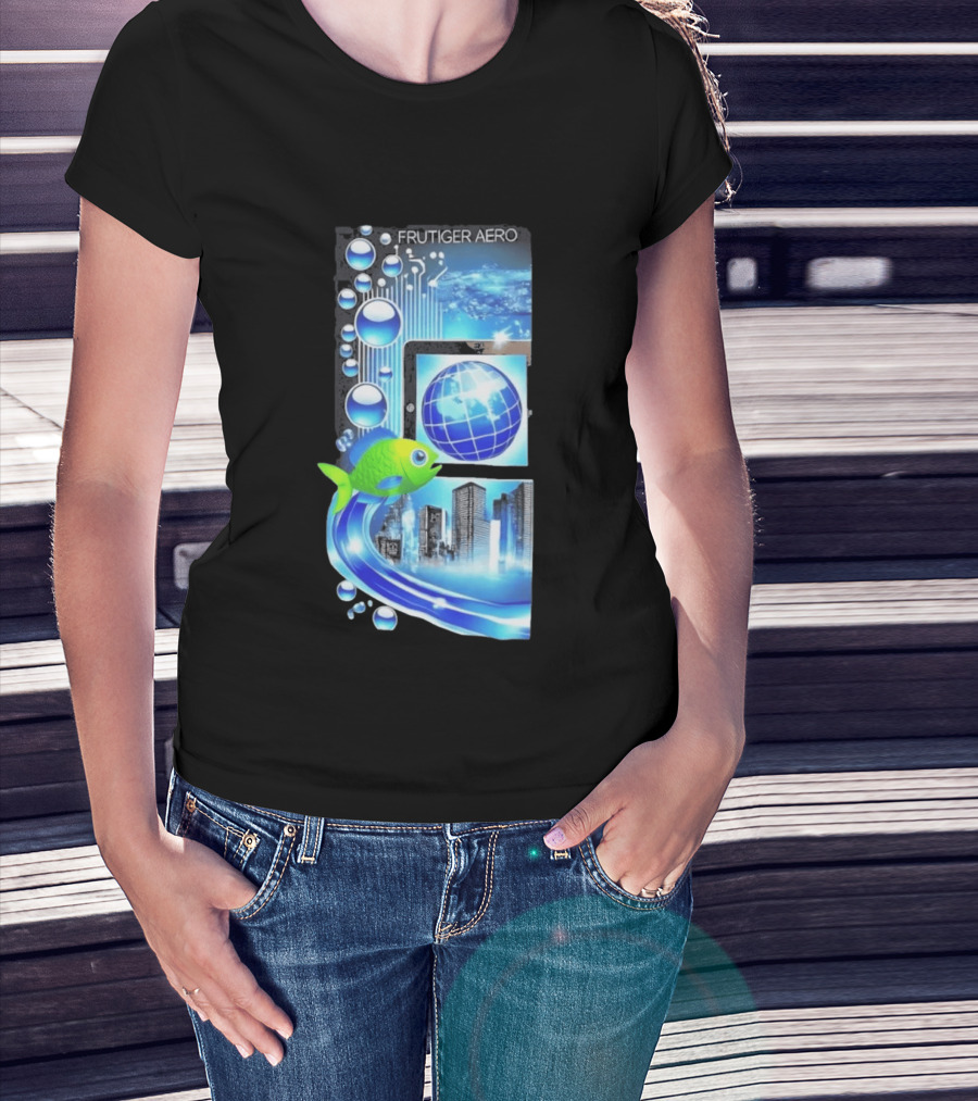 Frutiger Aero Y2K Global Tech Cityscape With Digital Fish And Blue T-Shirt