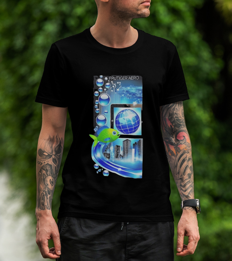 Frutiger Aero Y2K Global Tech Cityscape With Digital Fish And Blue T-Shirt