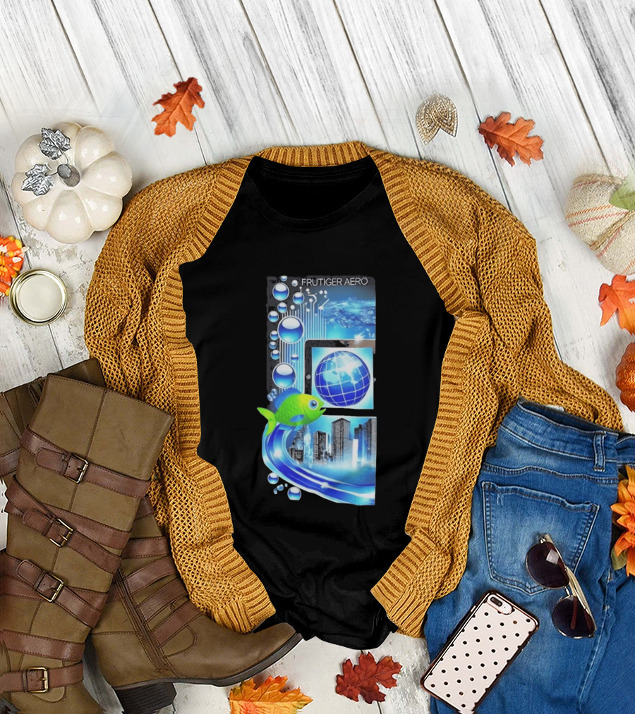 Frutiger Aero Y2K Global Tech Cityscape With Digital Fish And Blue T-Shirt