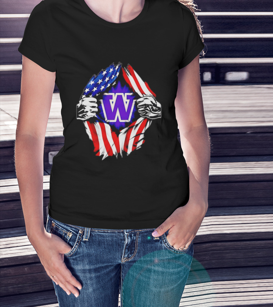 Washington Huskies W Logo American Flag Ripped Chest T-Shirt
