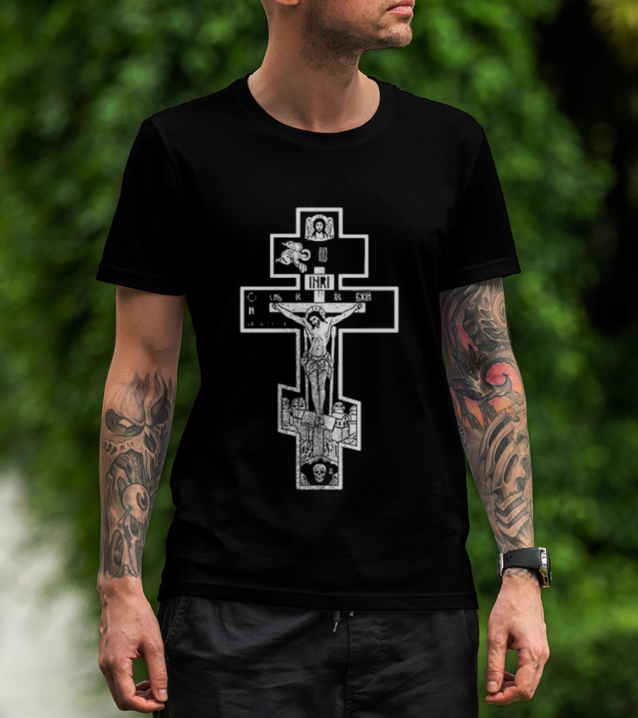Jesus Christ INRI Crucifixion Symbol With Religious Icons And Figures T-Shirt