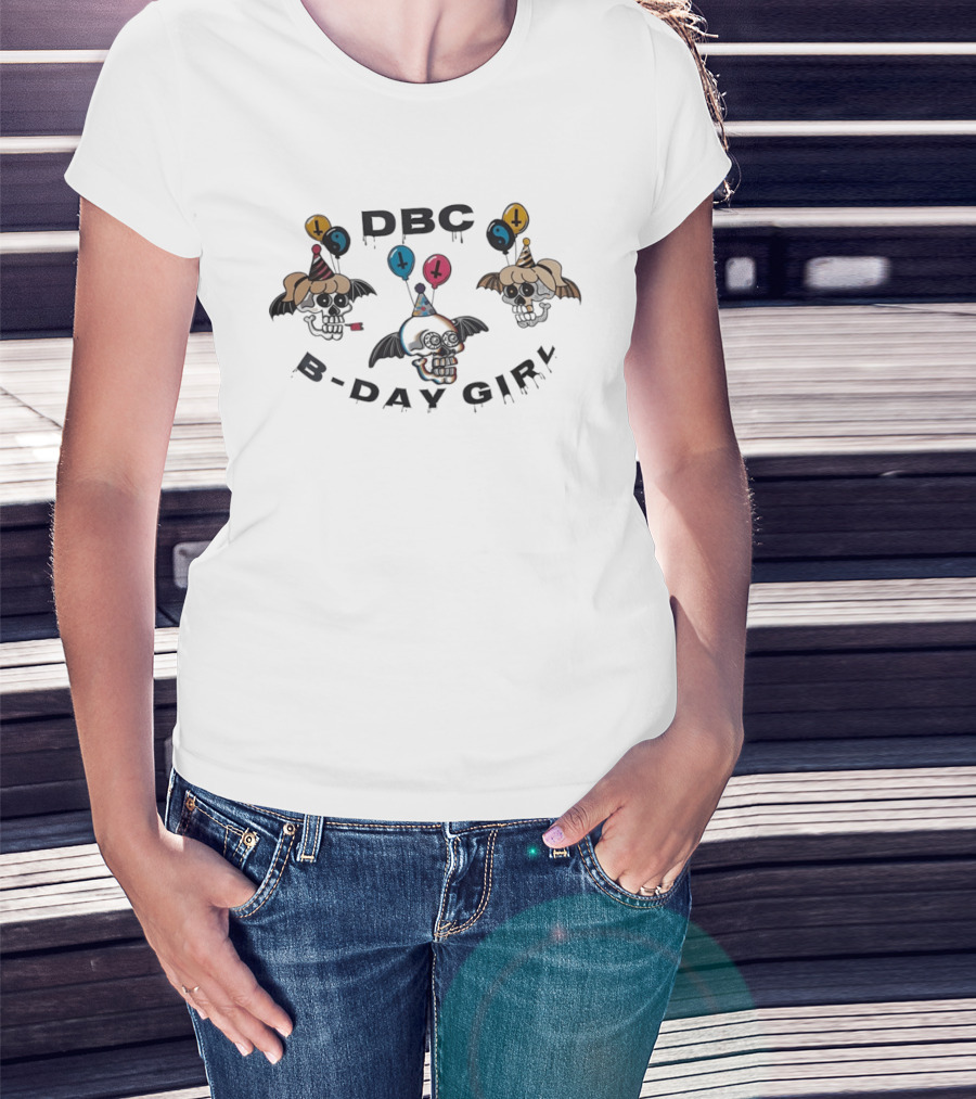 DBC B Day Girl Skull Party With Bat Wings And Balloons T-Shirt