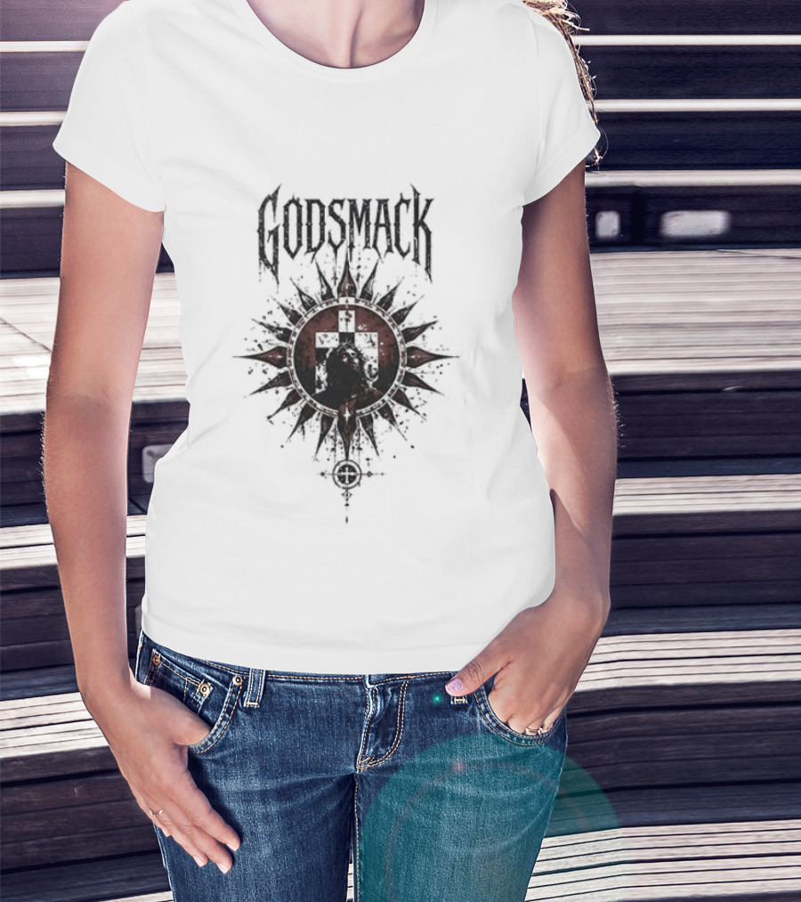 Godsmack X Jesus I Stand Before God Not Perfect Just Forgiven Christian Rock Cross Sun T-Shirt