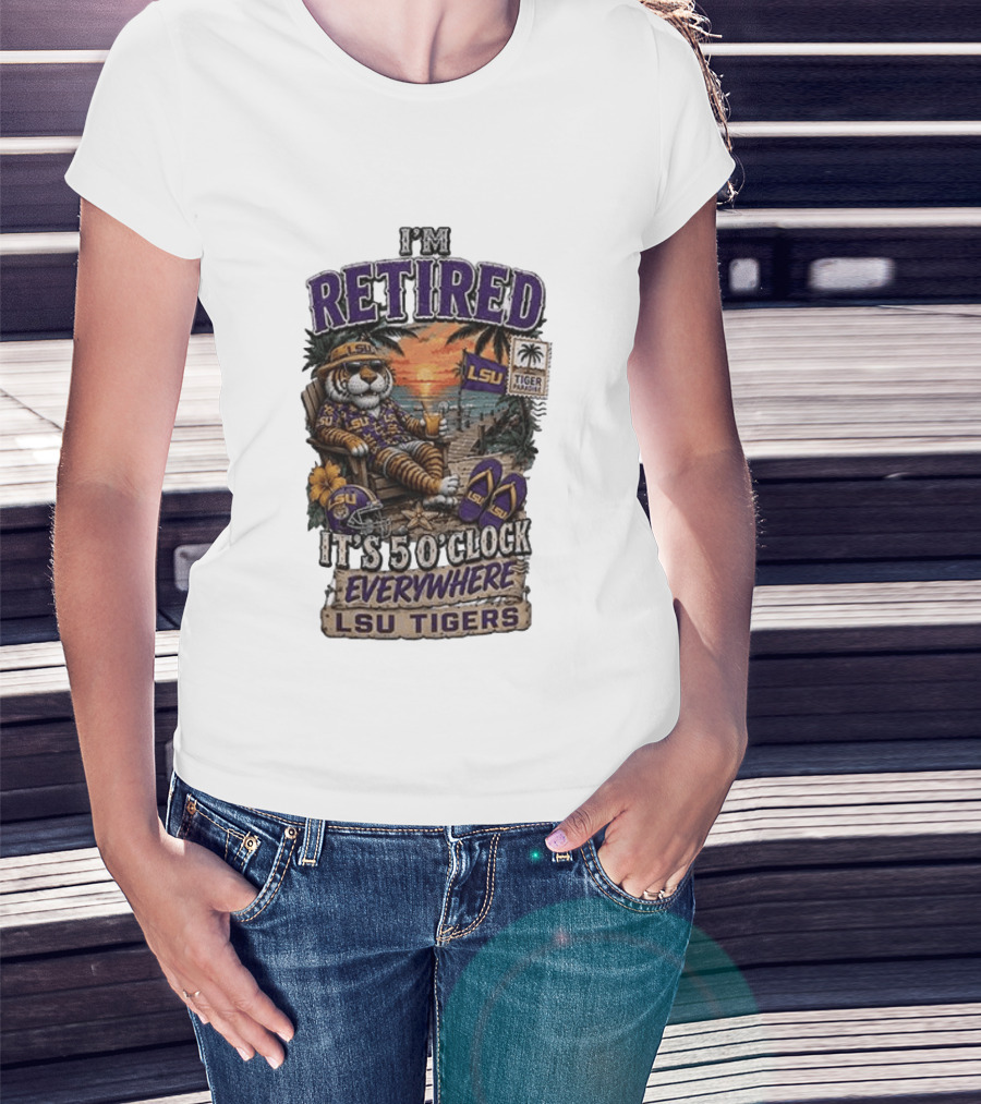 LSU Tigers I'm Retired It's 5 O' Everywhere Beach Relaxation With Palm Trees And Sunset T-Shirt