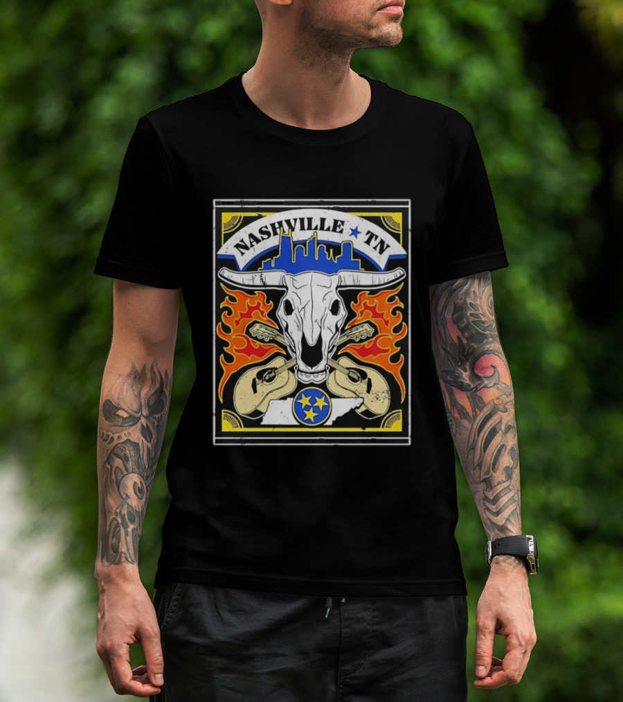 Nashville TN Cow Skull Guitars Flames Skyline Blue Star T-Shirt