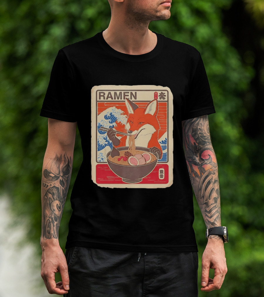 Fox Eating Ramen With Japanese Wave T-Shirt
