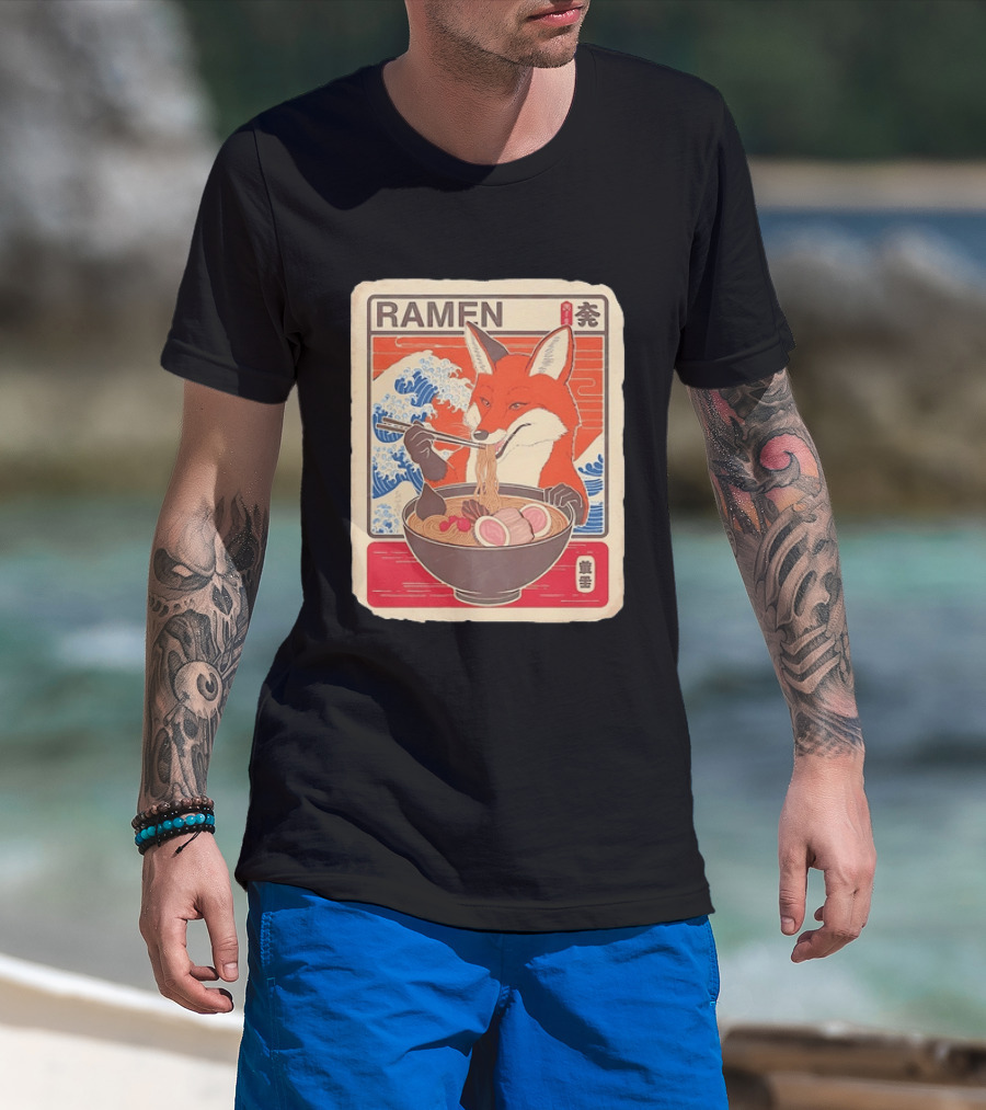 Fox Eating Ramen With Japanese Wave T-Shirt