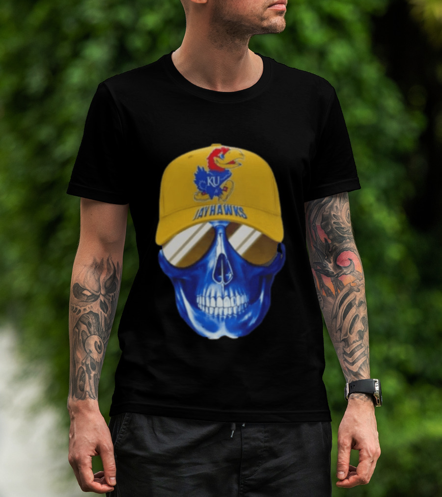 Kansas Jayhawks Skull Cap Fans Wear KU Jayhawks Edition T-Shirt