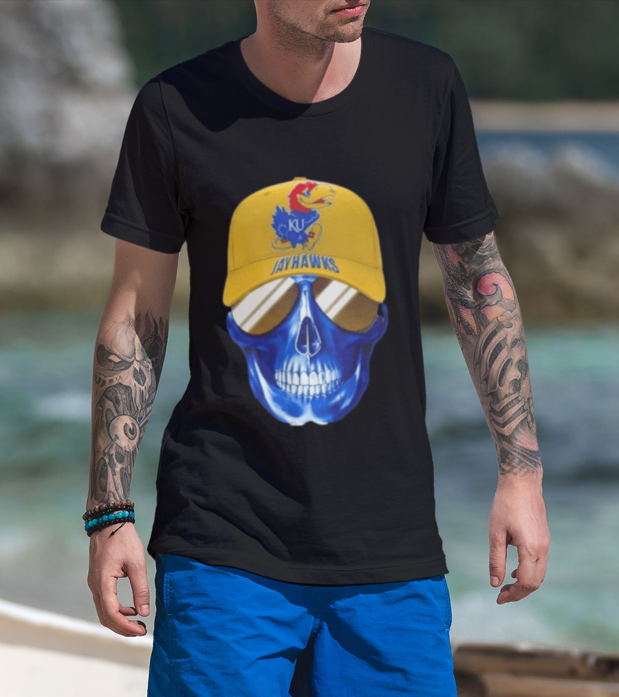 Kansas Jayhawks Skull Cap Fans Wear KU Jayhawks Edition T-Shirt