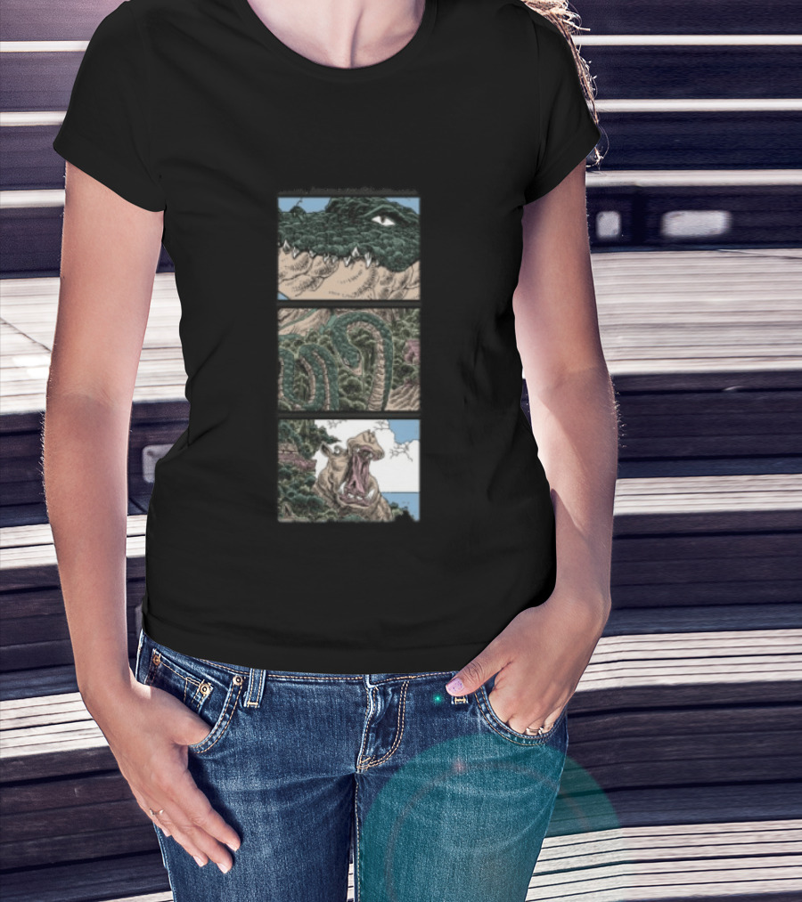 The Longest Johns Store Ends Of The Earth UK Tour Black Crocodile And Dinosaur Comic Strip T-Shirt