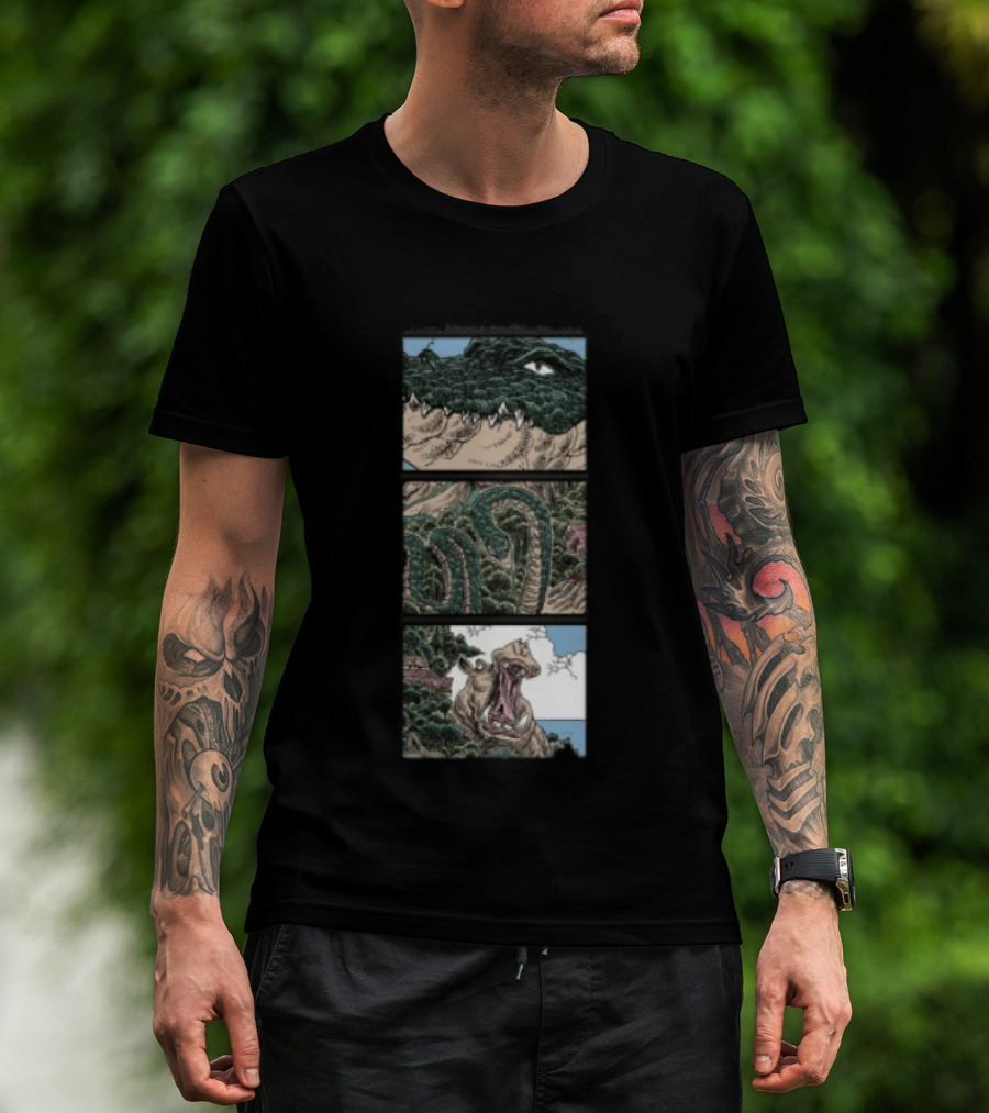The Longest Johns Store Ends Of The Earth UK Tour Black Crocodile And Dinosaur Comic Strip T-Shirt