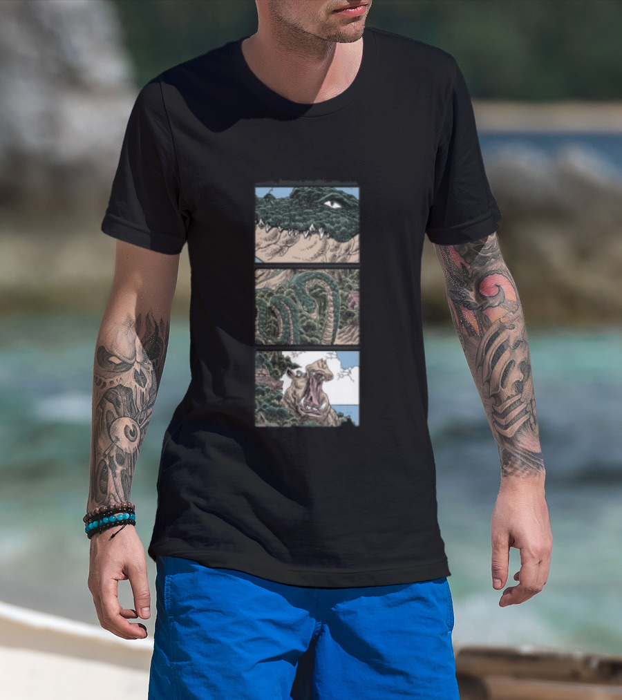 The Longest Johns Store Ends Of The Earth UK Tour Black Crocodile And Dinosaur Comic Strip T-Shirt