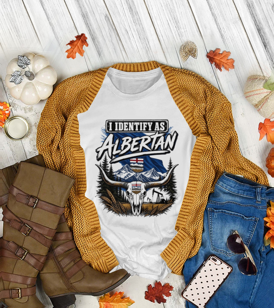 I Identify As Albertan Alberta Flag Longhorn Skull Wheat Forest Scene T-Shirt