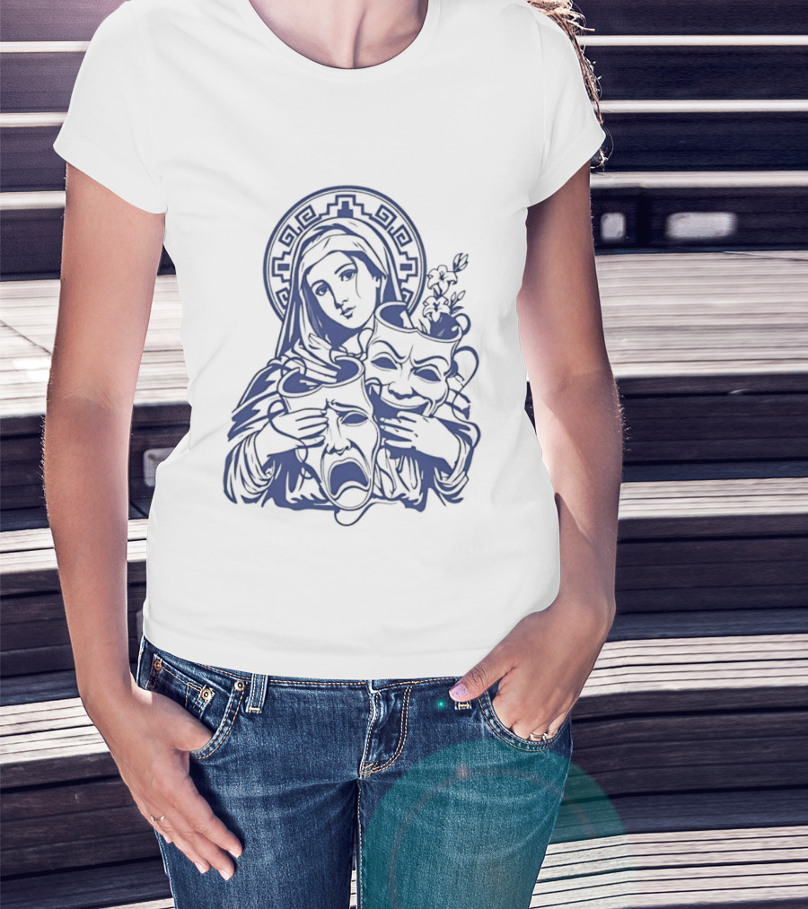 Virgin Mary Pray For Us Cry Now Laugh Later Drama Mask Tattoo T-Shirt