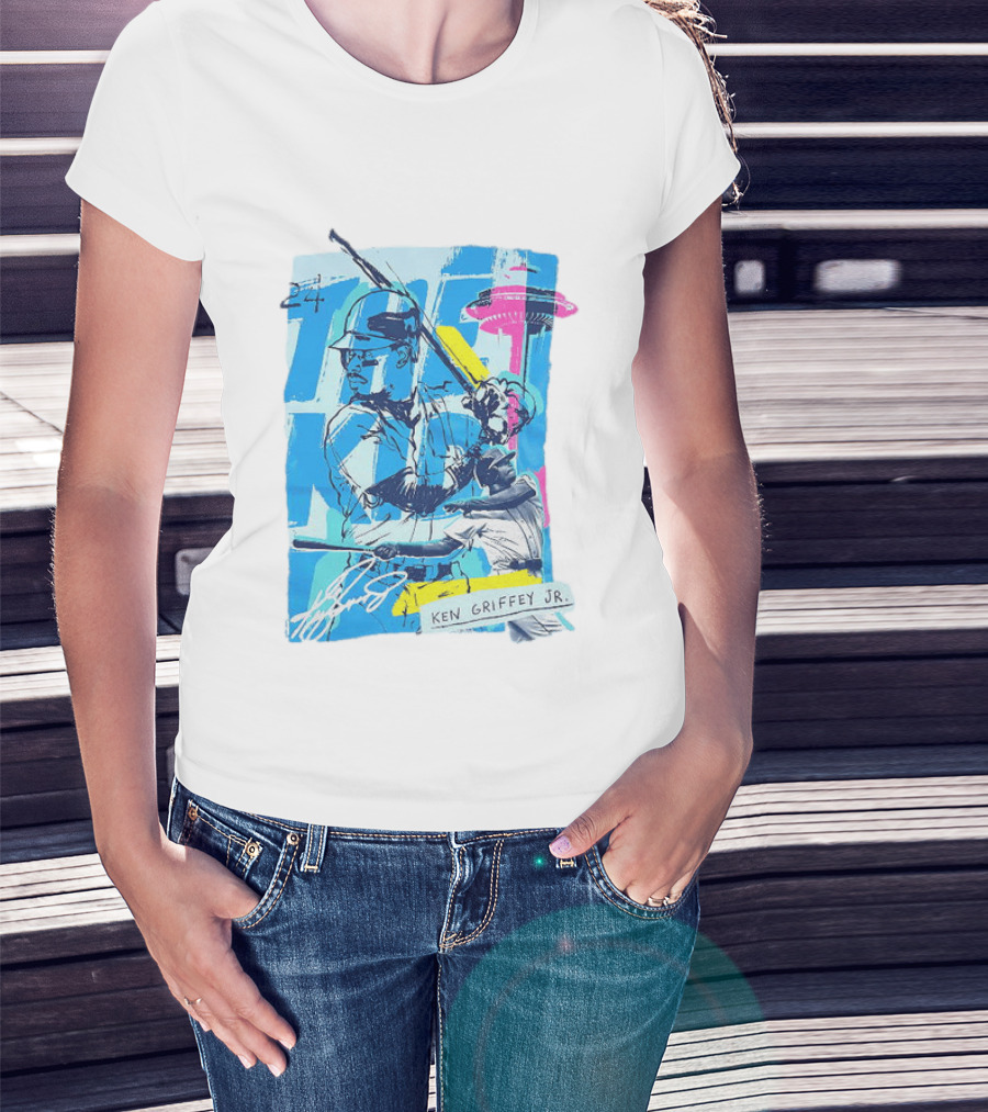 Ken Griffey Jr 24 Seattle Mariners Vintage Baseball Art Player Signature T-Shirt
