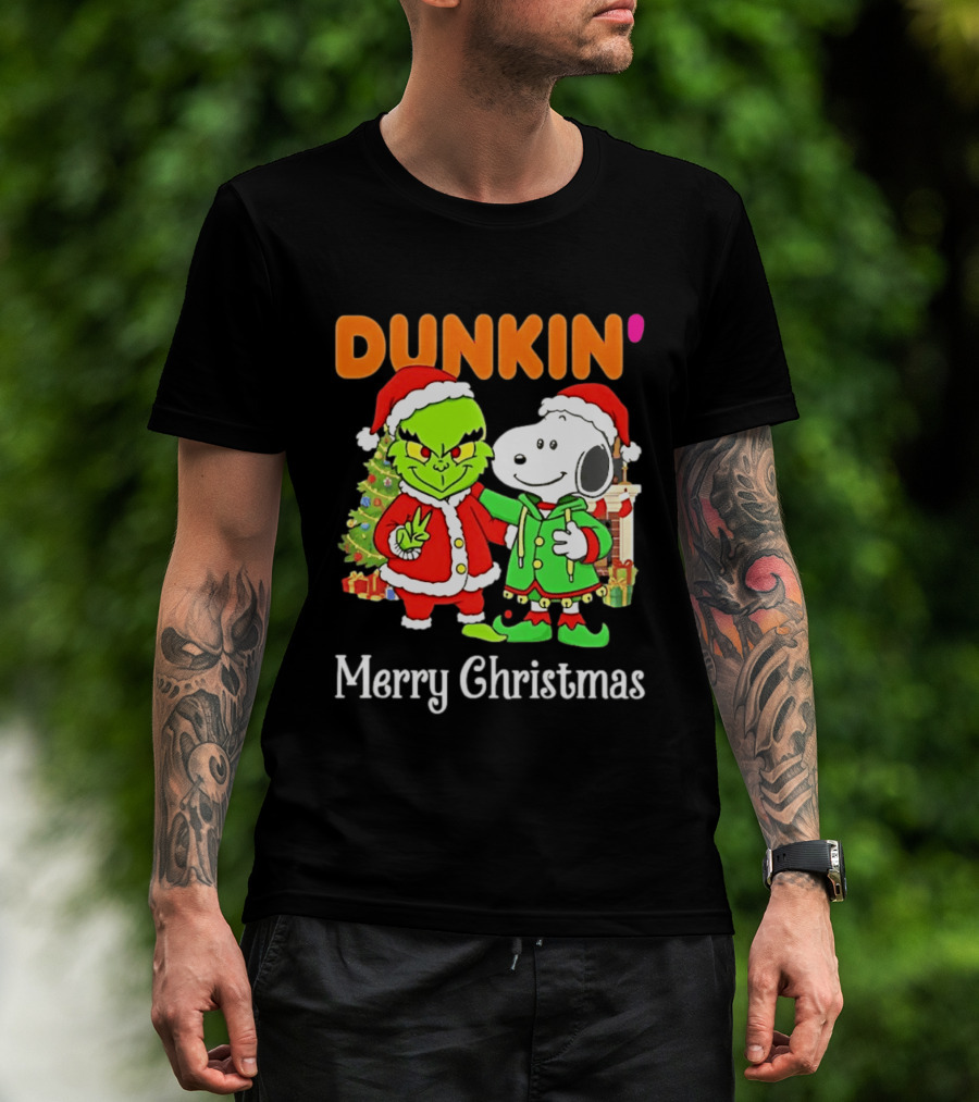 Dunkin Merry Christmas Grinch Snoopy Santas T-Shirt