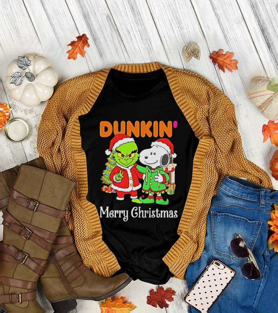 Dunkin Merry Christmas Grinch Snoopy Santas T-Shirt