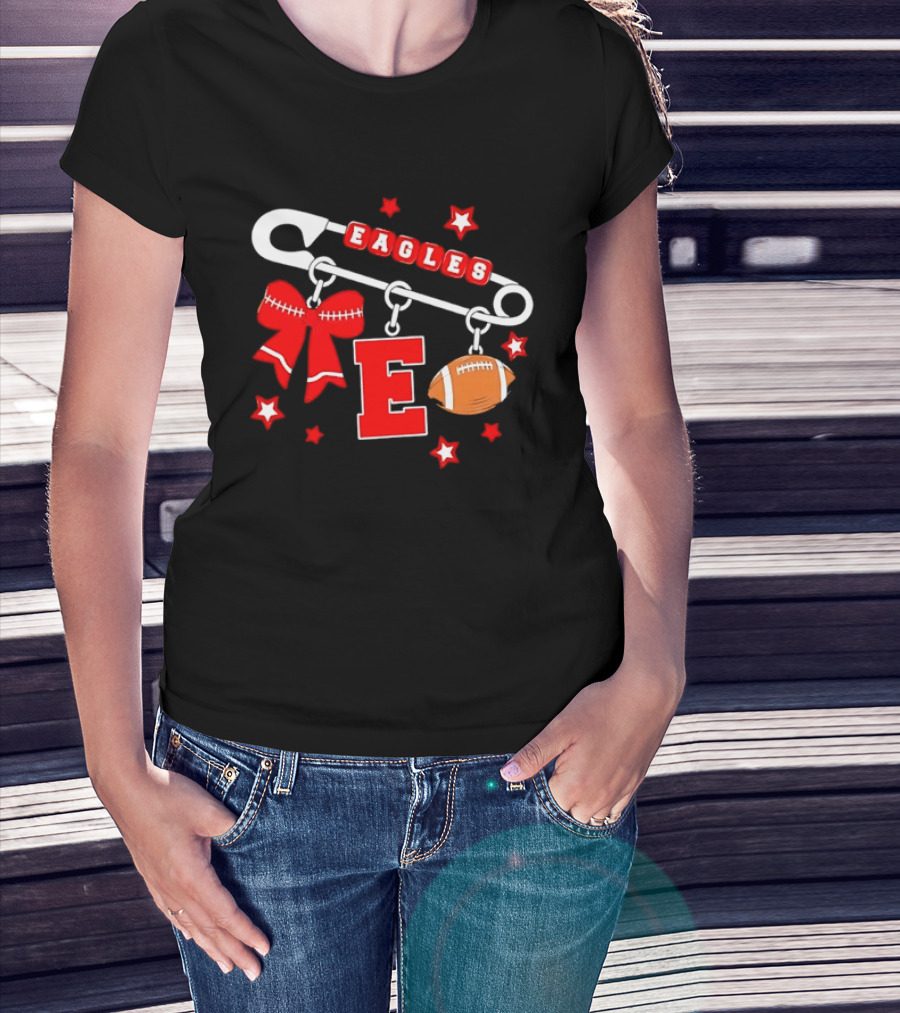 Eagles Safety Pin Charm Football Bow Letter E Stars T-Shirt