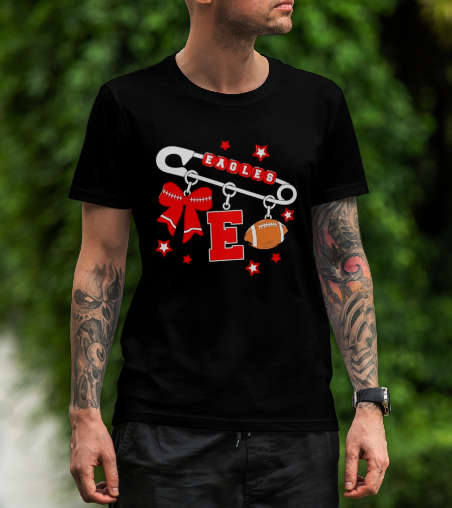 Eagles Safety Pin Charm Football Bow Letter E Stars T-Shirt