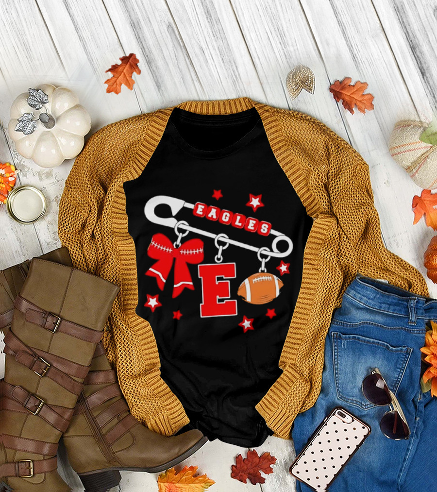 Eagles Safety Pin Charm Football Bow Letter E Stars T-Shirt