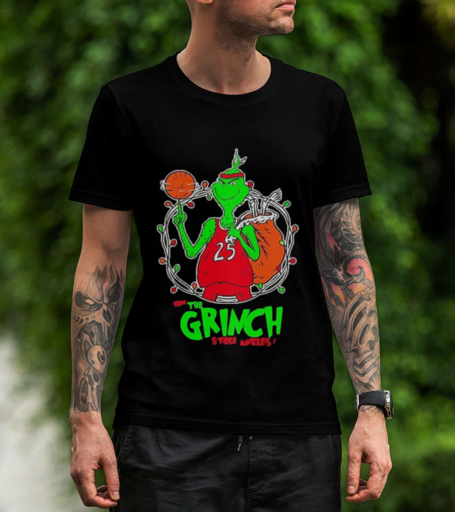The Grinch Basketball Christmas Lights Jersey 25 Stole Ankles Green T-Shirt
