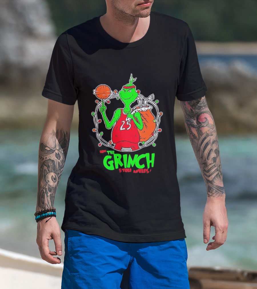 The Grinch Basketball Christmas Lights Jersey 25 Stole Ankles Green T-Shirt