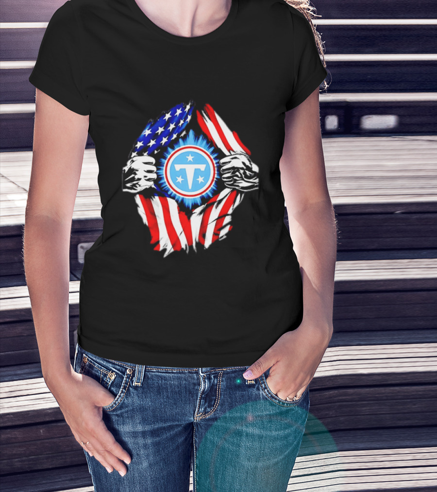 Tennessee Titans American Flag Ripped Chest USA Football Fan T-Shirt