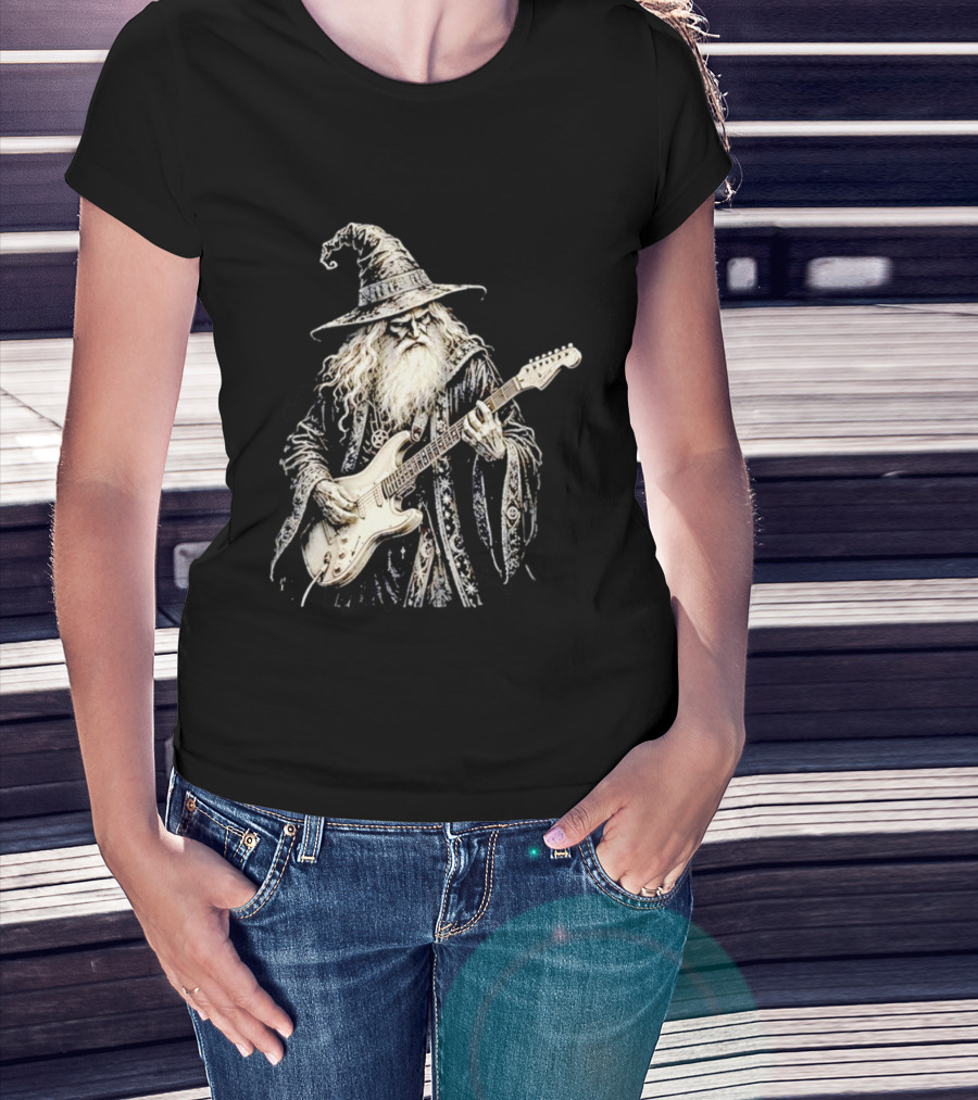 Wizard Playing Electric Guitar Fantasy Musician Magical Rock Legend T-Shirt