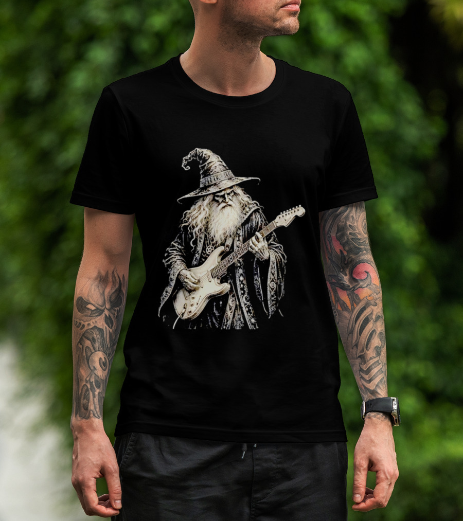 Wizard Playing Electric Guitar Fantasy Musician Magical Rock Legend T-Shirt