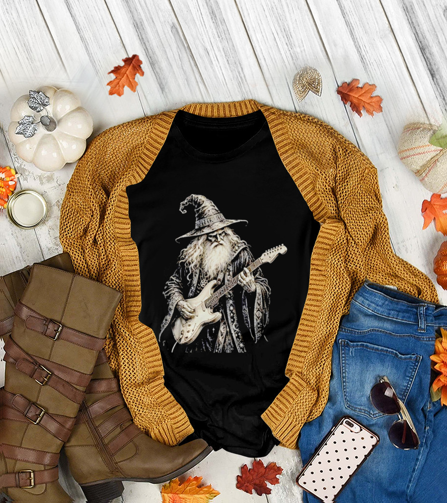 Wizard Playing Electric Guitar Fantasy Musician Magical Rock Legend T-Shirt