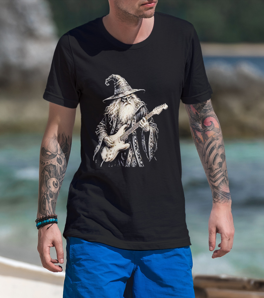 Wizard Playing Electric Guitar Fantasy Musician Magical Rock Legend T-Shirt