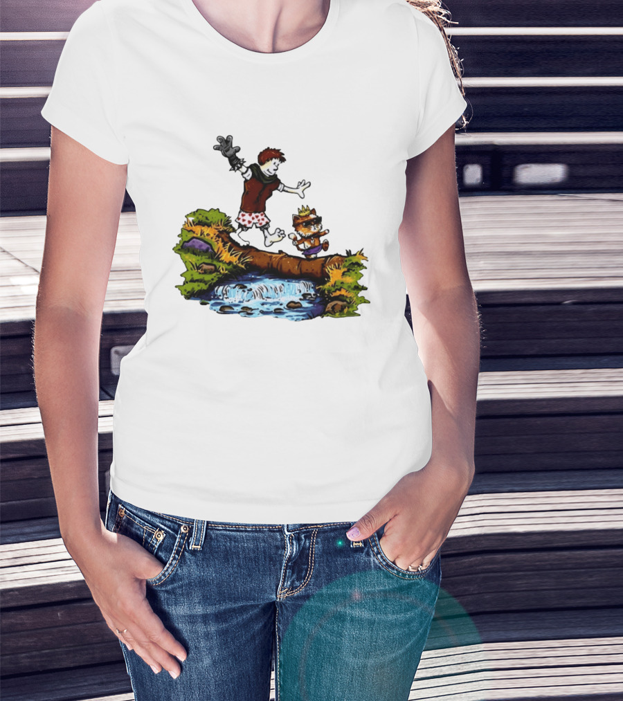 Boy And Crowned Cat Balancing On Log Over Stream T-Shirt