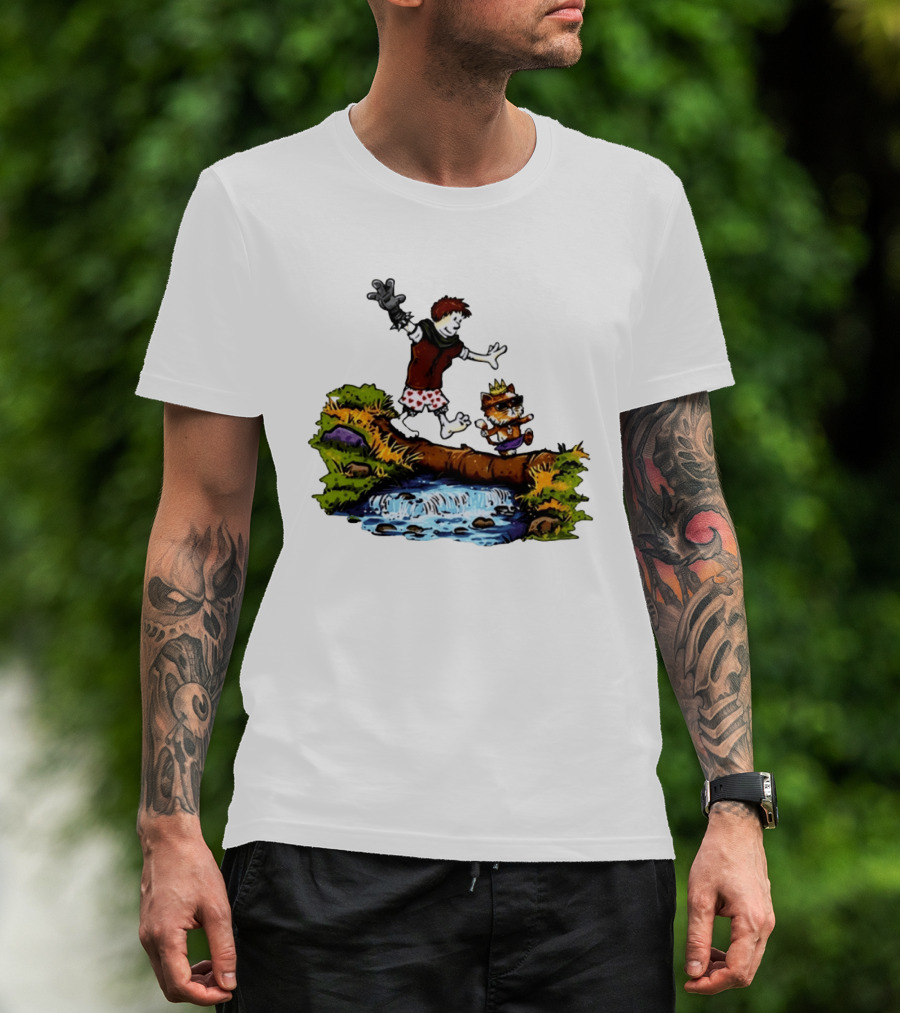 Boy And Crowned Cat Balancing On Log Over Stream T-Shirt