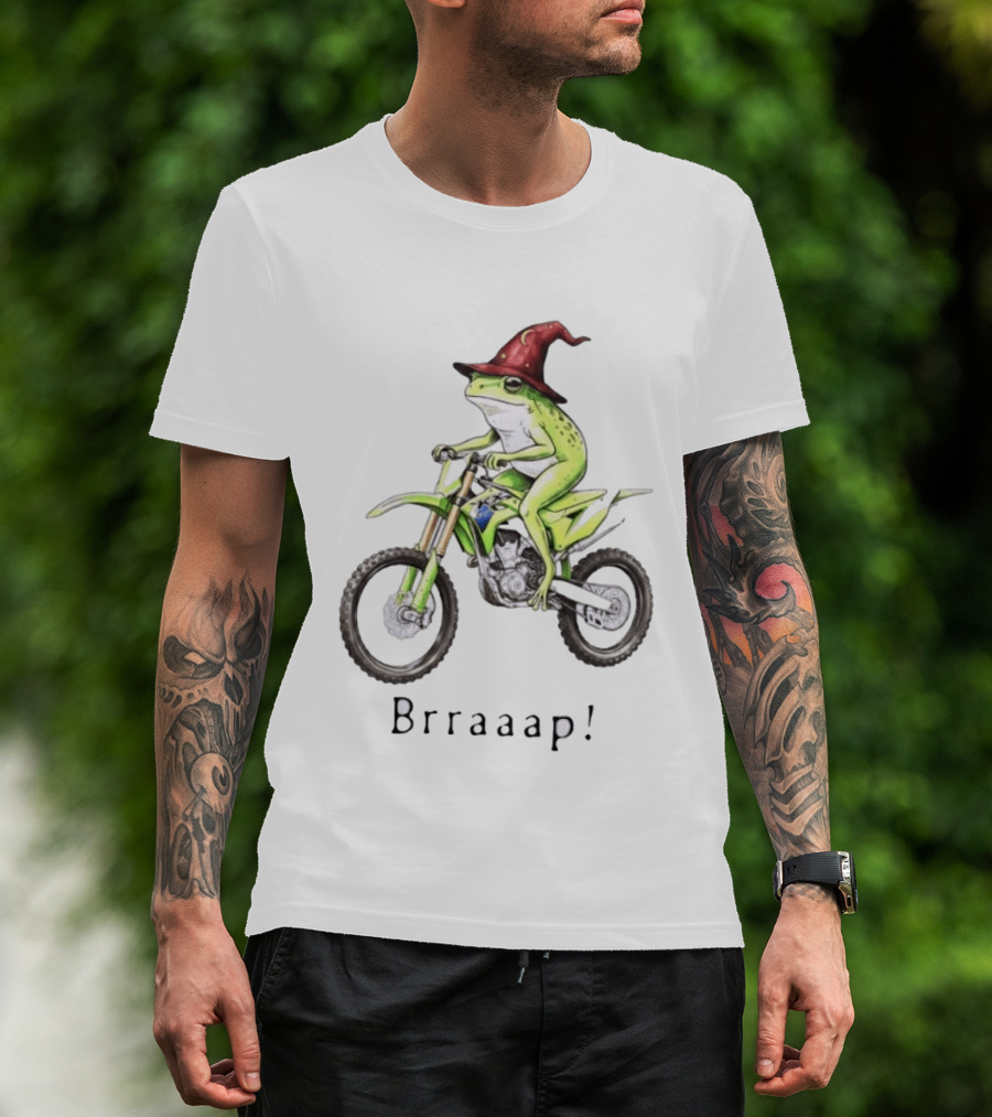 Brraaap Wizard Frog On Green Motocross Bike T-Shirt