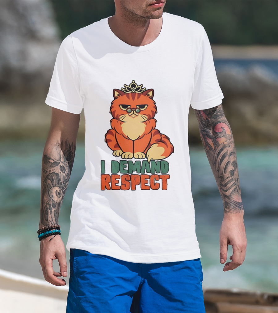Cat With Crown I Demand Respect Pet Lover Distressed T-Shirt