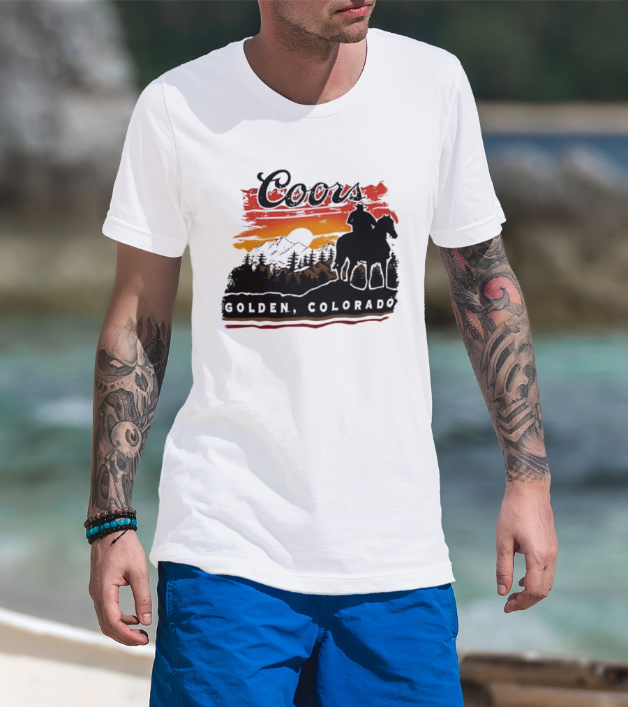 Coors Golden Colorado Cowboy Sunset Mountains T-Shirt