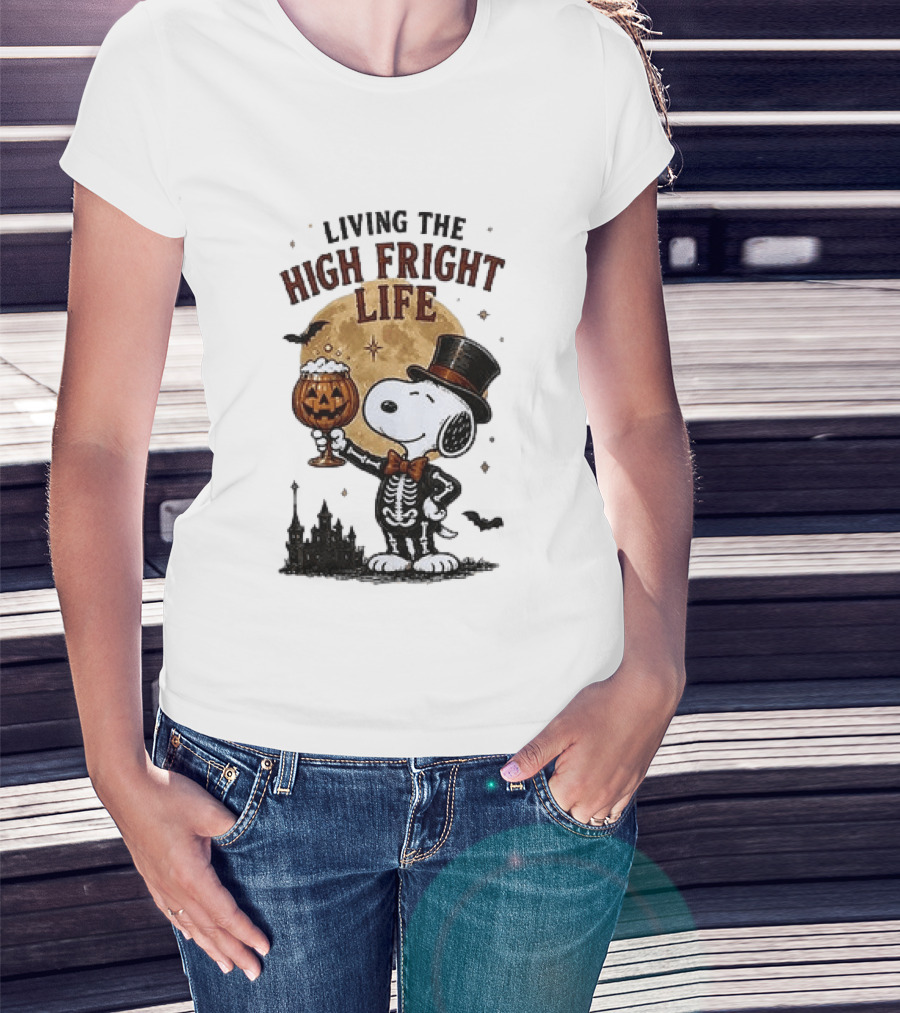 Peanuts Snoopy Living The High Fright Life Halloween Moon Pumpkin T-Shirt