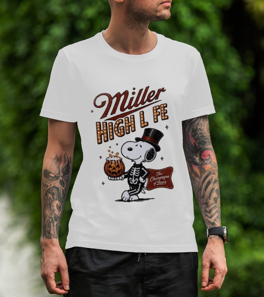 Miller High Life Snoopy Skeleton Halloween The Champagne Of Beers T-Shirt