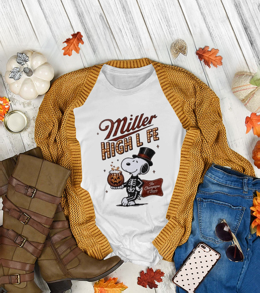 Miller High Life Snoopy Skeleton Halloween The Champagne Of Beers T-Shirt