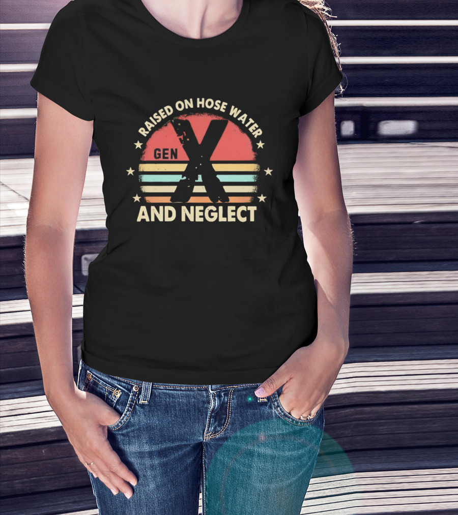 Gen X Raised On Hose Water And Neglect Vintage 70s Style Retro Stripes T-Shirt
