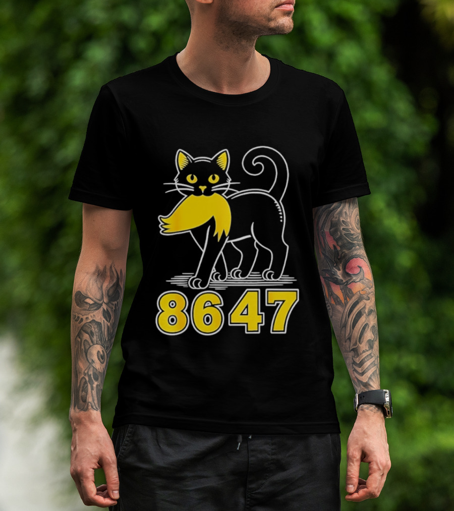 Black Cat 8647 Feline With Yellow Mustache T-Shirt
