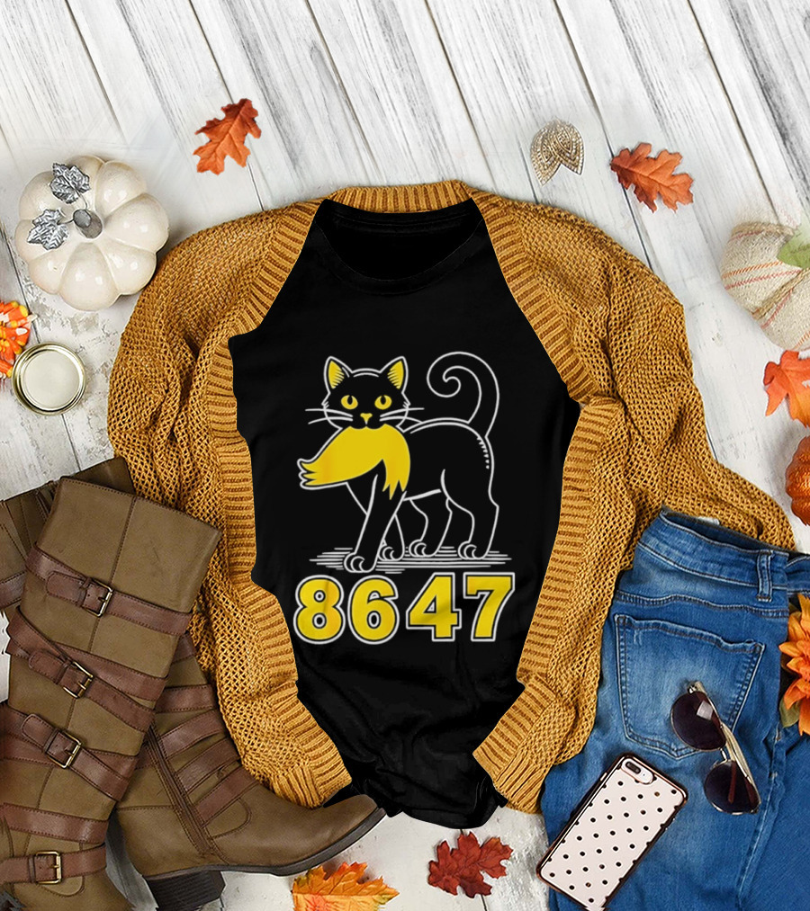 Black Cat 8647 Feline With Yellow Mustache T-Shirt