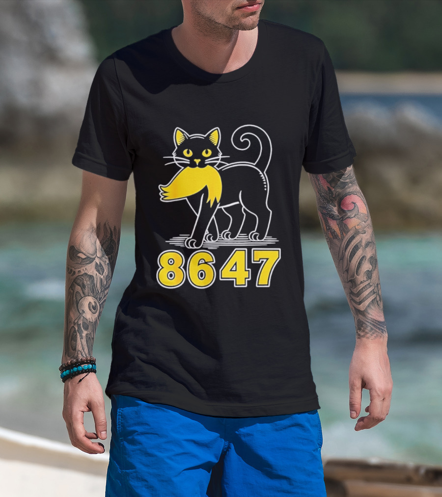 Black Cat 8647 Feline With Yellow Mustache T-Shirt