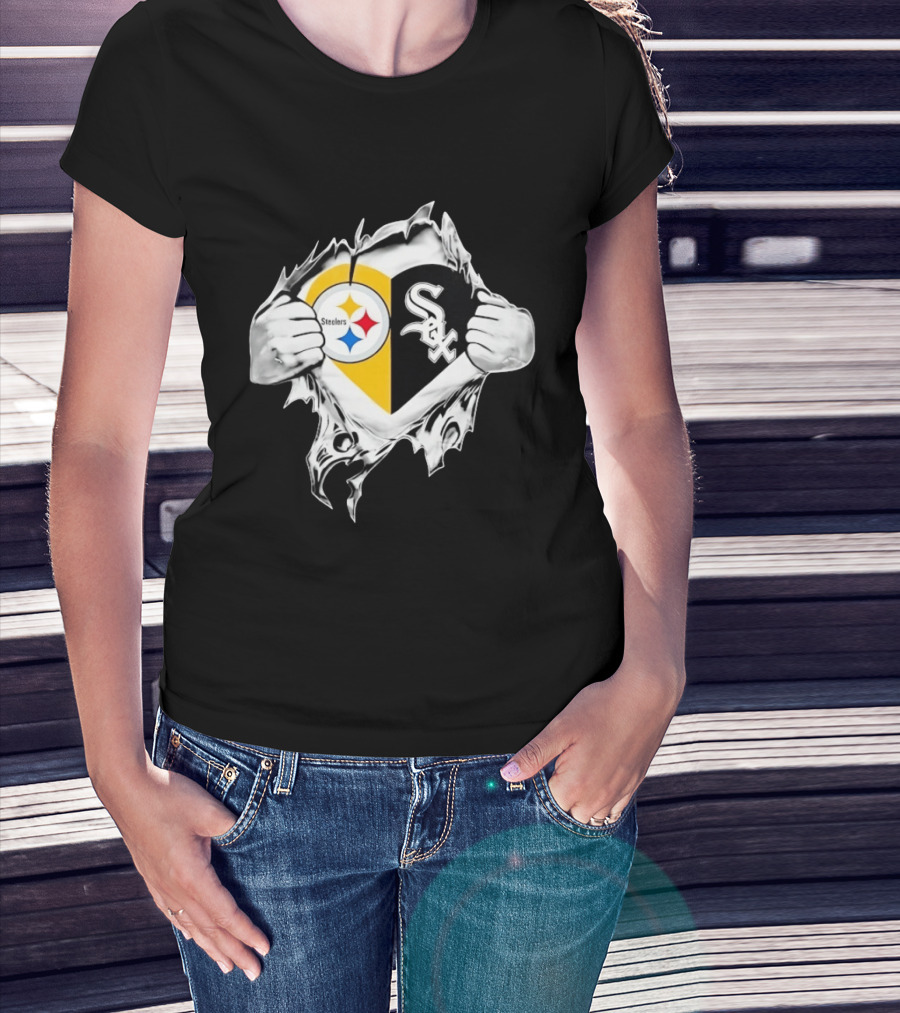 Pittsburgh Steelers Chicago White Sox Heart Superman Chest Rip T-Shirt
