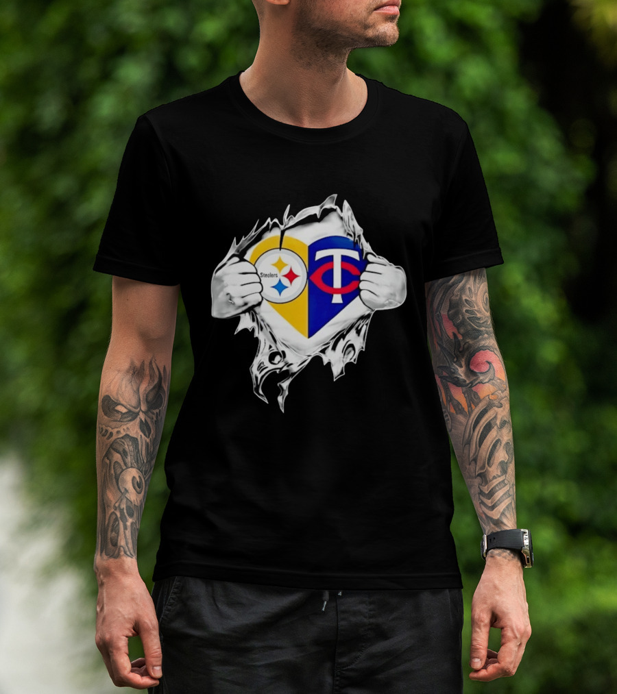 Pittsburgh Steelers Minnesota Twins Heart Superman Chest Rip T-Shirt