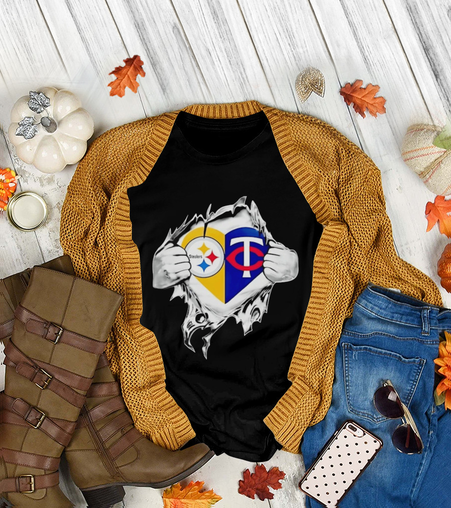 Pittsburgh Steelers Minnesota Twins Heart Superman Chest Rip T-Shirt