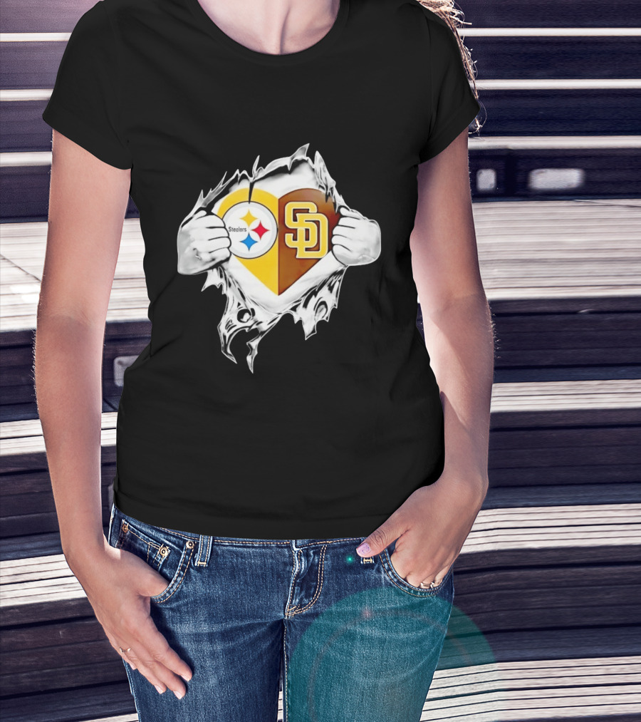 Pittsburgh Steelers San Diego Padres Heart Superman Chest Rip T-Shirt