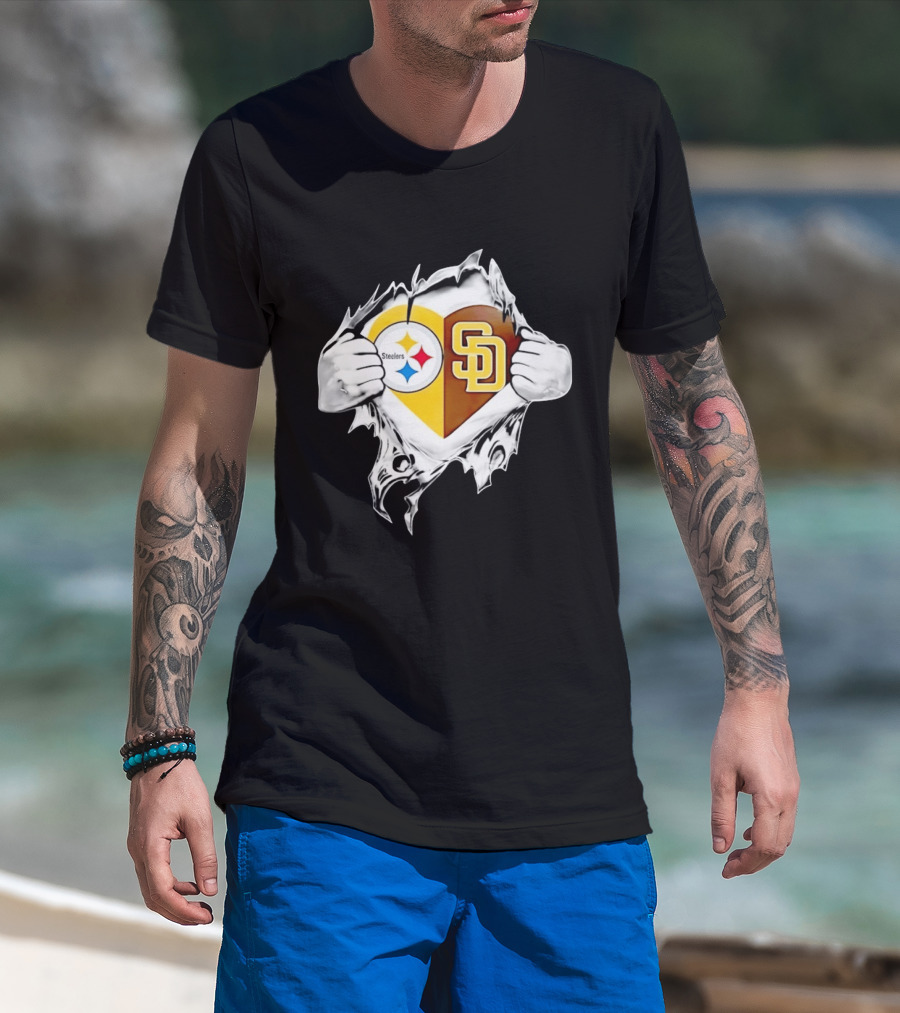 Pittsburgh Steelers San Diego Padres Heart Superman Chest Rip T-Shirt